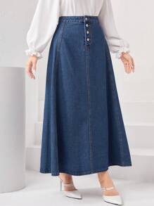 SHEIN Privé Button Front Denim Skirt - Dark Wash - View 5