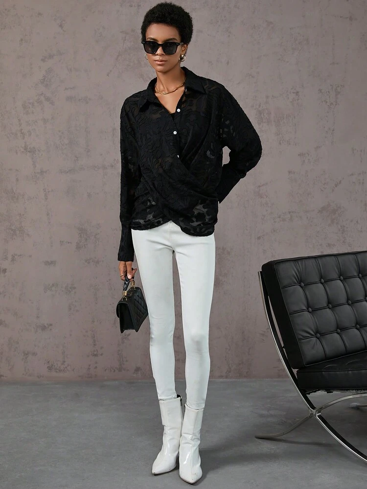 Jacquard Wrap Cross Drop Shoulder Shirt Fall Cloth For Women