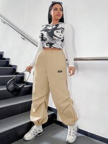 SHEIN EZwear Plus Letter Patched Detail Flap Pocket Side Cargo Pants - Khaki - View 6
