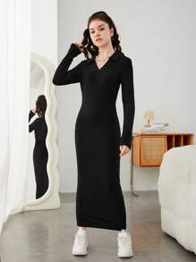 Teen Girl Knitted Solid Color Ribbed V-Neck Collar Long Dress - Black - View 4