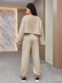 Teen Girl Letter Graphic Drop Shoulder Sweatshirt & Sweatpants - Khaki - View 2