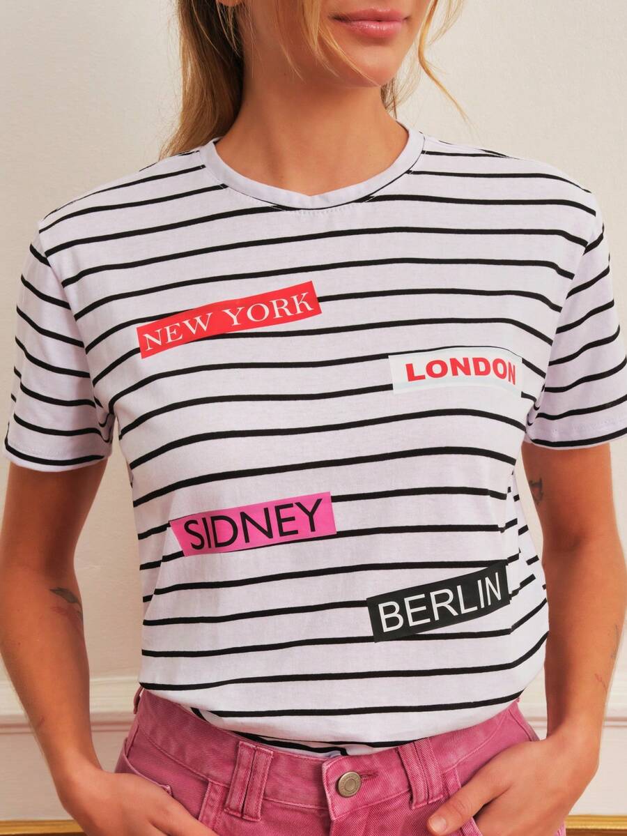 Shein女士短袖條紋t恤印花款 - 黑與白 - 查看 1