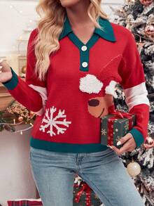 SHEIN Essnce 聖誕圖案撞色飾邊落肩 Polo 領毛衣 - 紅色 - 查看 5