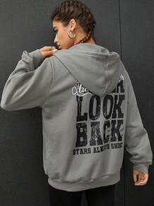 SHEIN EZwear 標語圖案拉鏈連帽衫 - 淺灰色 - 查看 3