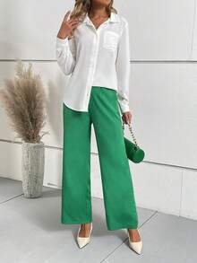 SHEIN Frenchy 淨色口袋貼花襯衫 & 闊腿褲 - 綠色 - 查看 5