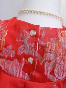 女嬰蝴蝶印花泡泡袖蝴蝶結洋裝 - 紅色 - 查看 4