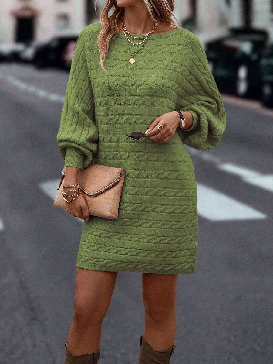 EMERY ROSE Solid Batwing Sleeve Cable Knit Sweater Dress Fall Cloth For Women - Green - View 1