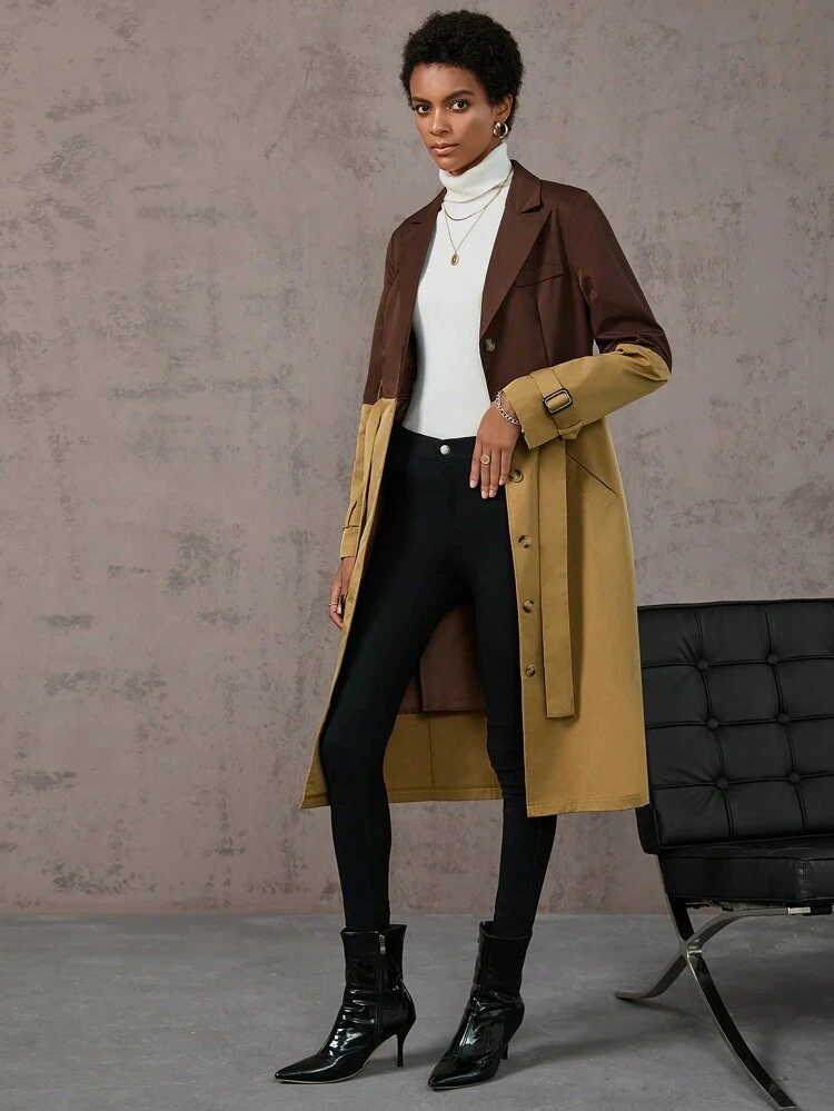 Two Tone Single Breasted Belted Trench Coat Fall Cloth For Women