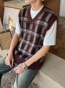 Manfinity Hypemode Men Plaid Pattern Sweater Vest Without Tee - Coffee Brown - View 1