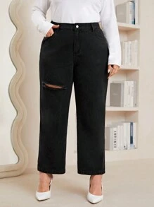 SHEIN LUNE Plus Ripped Straight Leg Jeans - Black - View 3