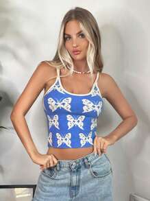 SHEIN EZwear Butterfly Pattern Cami Knit Top - Blue - View 1