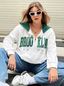 Flirla Áo nỉ dáng rộng, có khóa kéo, dây rút, in chữ, kiểu vai rớt - trắng - Xem 1