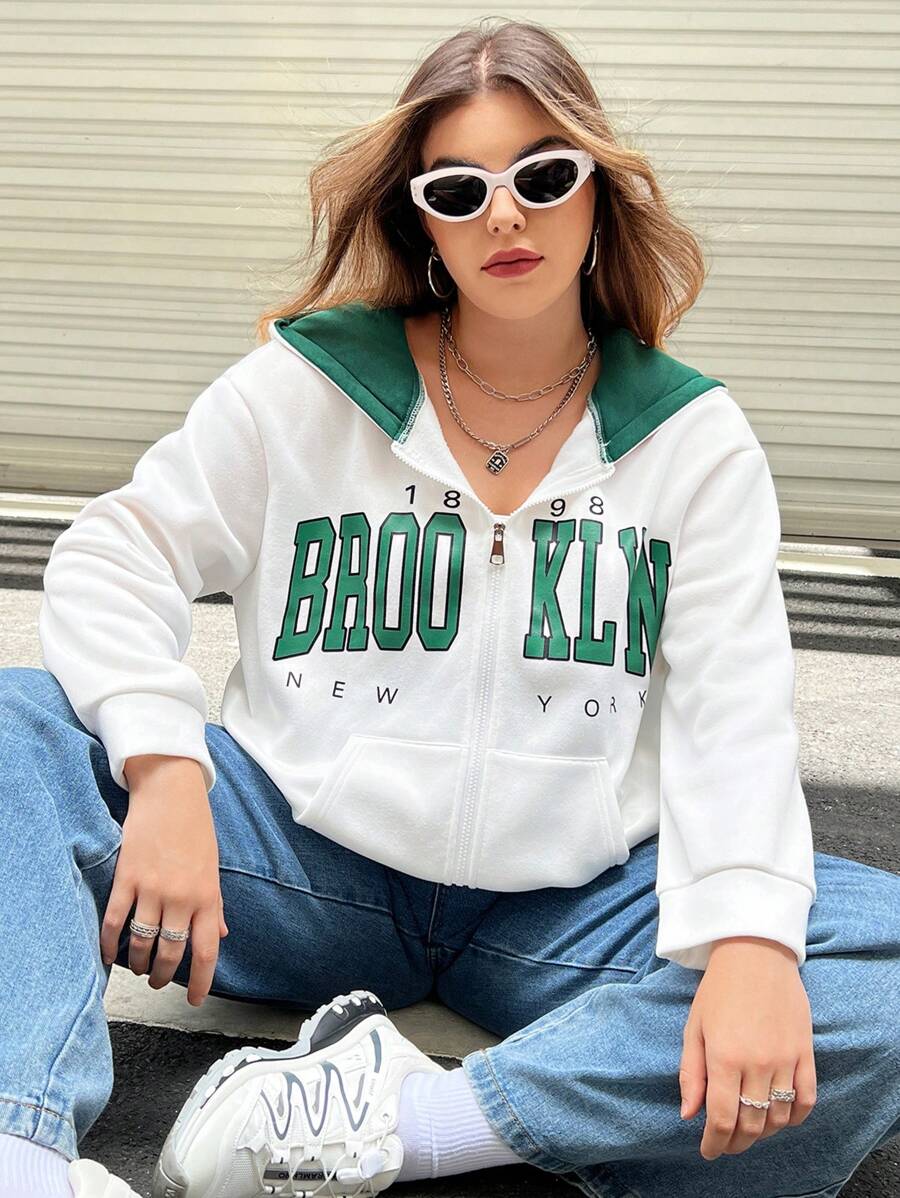 Flirla Áo nỉ dáng rộng, có khóa kéo, dây rút, in chữ, kiểu vai rớt - trắng - Xem 1