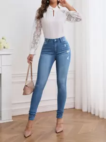 SHEIN Tall Jeans ajustados desgarro de talle alto - Azul - Ver 5