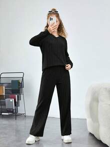 SHEIN Teen Girl Solid Tee & Pants - Black - View 6