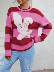 SHEIN Unity Cartoon Pattern Drop Shoulder Sweater - Hot Pink - View 1