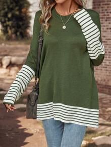SHEIN LUNE Striped Pattern Batwing Sleeve Split Hem Sweater - Green - View 4