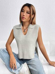 SHEIN Unity Solid Ribbed Knit Split Hem Sweater Vest - Grey - View 3