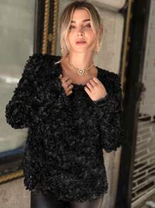 SHEIN Privé Solid Fuzzy Blouse - Apricot - View 1