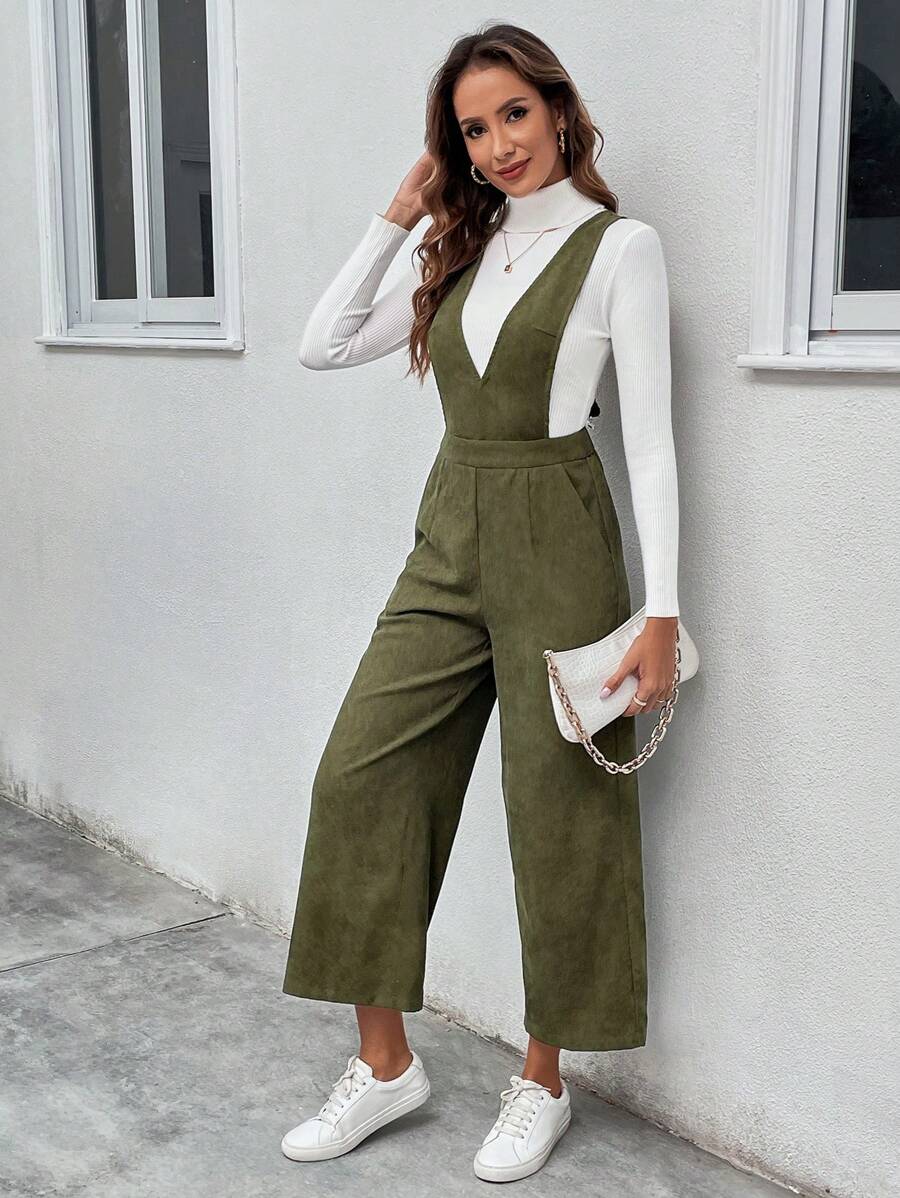 SHEIN LUNE Chất rắn Túi nghiêng Tổng thể Jumpsuit Without Tee - xanh quân đội - Xem 1