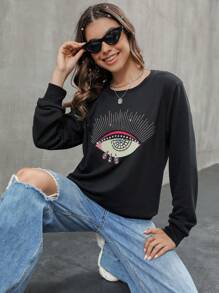 SHEIN Unity Rhinestone Eye Pattern Round Neck Sweatshirt Pullover Fall Sweatshirt - Black - View 5