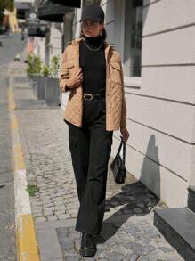 EURMUSE Abrigo acolchado con hombros caídos y bolsillo con solapa - Caqui - Ver 5