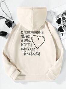 SHEIN Tween Girls ' Fashion Casual Hooded Sweatshirt With Thermal Lined, Slogan & Heart Graphic, Suitable For Vacation - Khaki - View 1