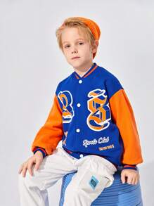 SHEIN Tween Boy Letter Graphic Colorblock Drop Shoulder Varsity Jacket - Blue - View 4