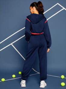 VARSITIE Quần bó sát eo có dây rút tương phản đồ họa chữ cái - Màu xanh hải quân - Xem 3