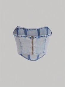 SHEIN MOD Floral Embroidery Curved Hem Tube Denim Top - Light Wash - View 2