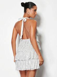 SHEIN BAE Women's Fashionable Sexy Sequin Backless Halter Mini Dress - Silver - View 2