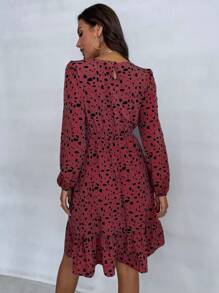 SHEIN Clasi 斑點印花燈籠袖荷葉邊洋裝不附腰帶 - 棕色 - 查看 2