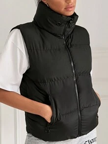 EURMUSE 純色拉鍊抽繩連帽羽絨大衣 - 黑色 - 查看 4