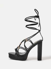 SheIn SXY Fashionable & Comfortable Women's Black Strappy High Heel Sandals With Rhinestone Decor - Black - View 1