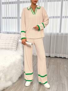 SHEIN Essnce Contrast Trim Drop Shoulder Sweatshirt & Pants - Multicolor - View 3