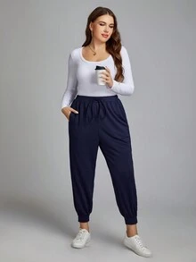 SHEIN LUNE Plus Drawstring Waist Sweatpants - Blue - View 4
