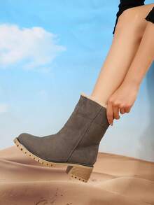 女士時尚靴子女士雪地靴冬季中筒靴,粗跟折邊毛皮踝靴 - 灰色 - 查看 8