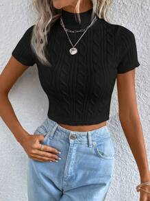 SHEIN Essnce Mock Neck Cable Knit Top - Black - View 6