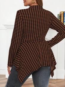 Celure 大碼千鳥格印花不對稱下擺腰帶T恤 - 卡其色 - 查看 2