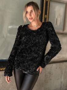 SHEIN Privé Solid Fuzzy Blouse - Apricot - View 4