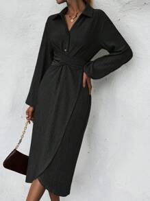 SHEIN Clasi Lantern Sleeve Wrap Hem Tie Back Dress - Black - View 4