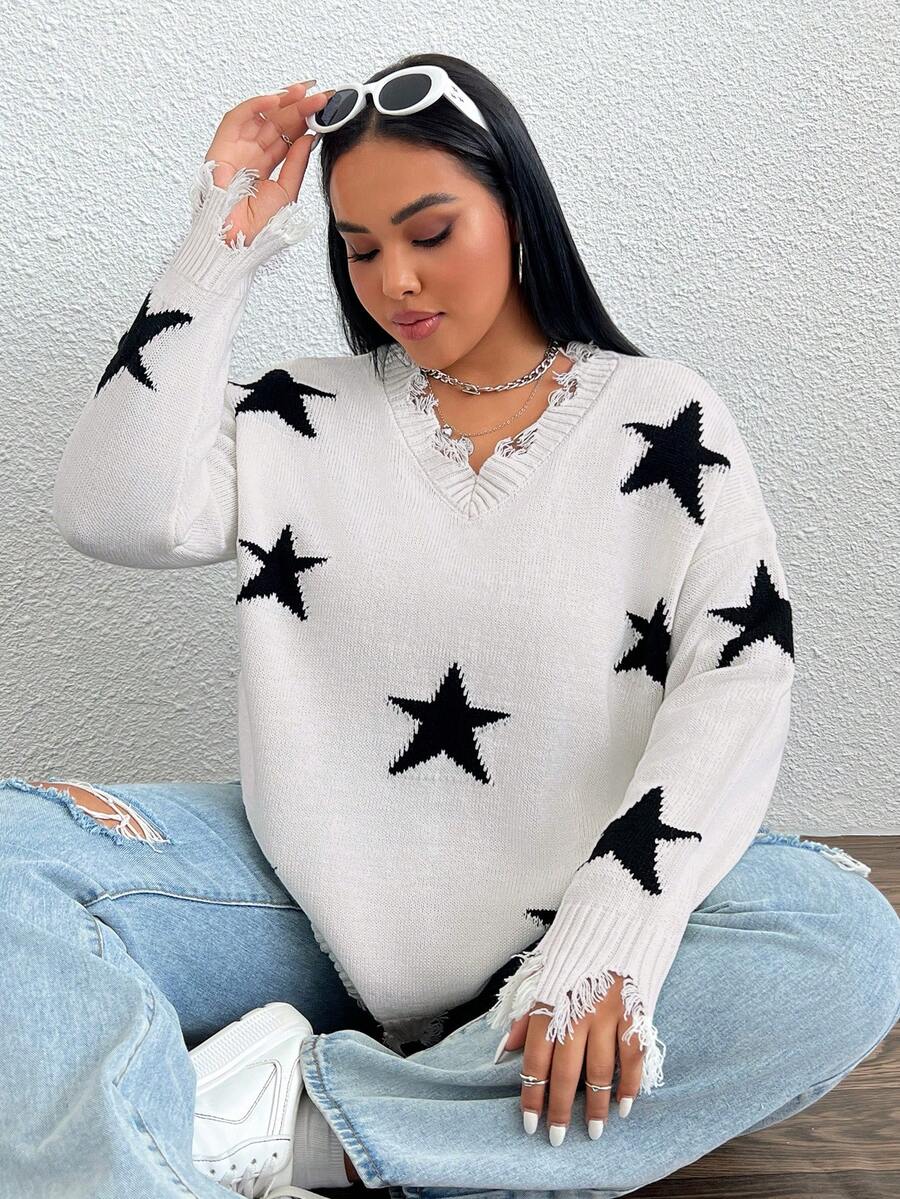 SHEIN Coolane Áo len trễ vai họa tiết ngôi sao Plus - Đen và trắng - Xem 1