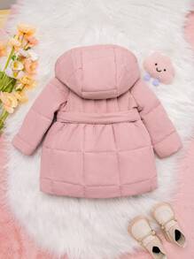 Baby Girl Solid Hooded Belted Padded Coat