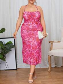 SHEIN Privé Hơn In hoa Mặt trước dây rút Halter Neck Không lưng Đầm - Nhiều màu - Xem 5