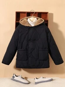 SHEIN 男大童1入組雙口袋加絨內裏連帽絎縫外套 - 黑色 - 查看 7