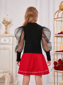 1入組女大童拼接波點網紗羊腿袖紐扣細節T恤適用於聖誕 - 黑色 - 查看 2