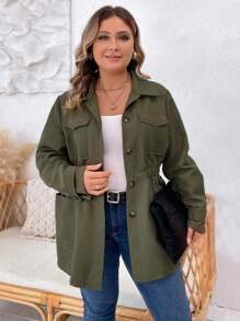 SHEIN LUNE Plus Flap Pocket Elastic Waist Coat - Army Green - View 4