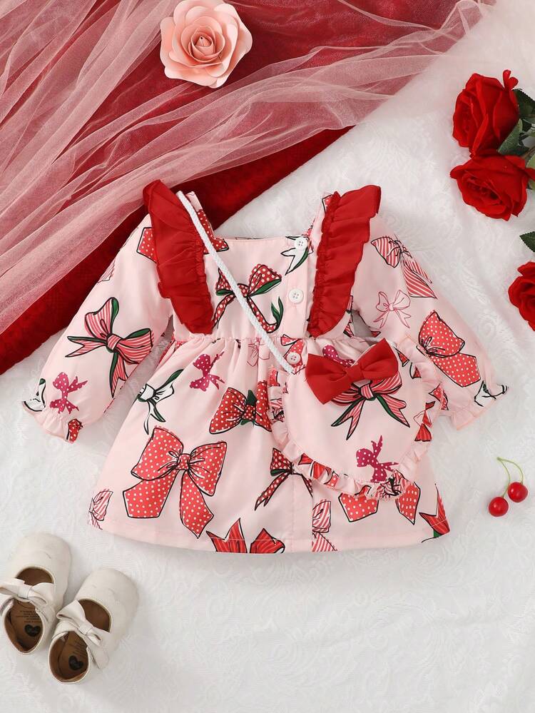 Baby Girl Bow Print Ruffle Trim Dress With Bag
