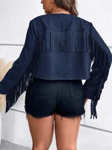 SHEIN LUNE Plus Fringe Trim Open Front Crop Jacket - Navy Blue - View 2