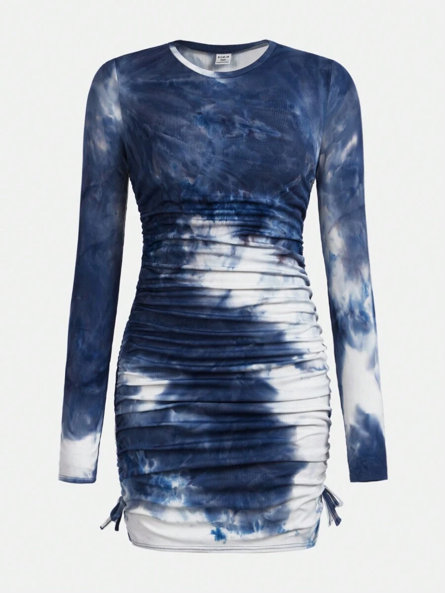 青少年女孩紮染抽繩側褶皺洋裝 - 藍白色 - 查看 1